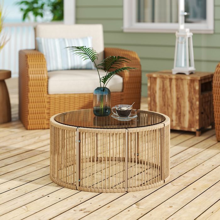 Mesa de centro/auxiliar de jardín - Outsunny - redonda, para patio, jardín, salón - resina tejida, cristal - 70x70x33cm - marrón