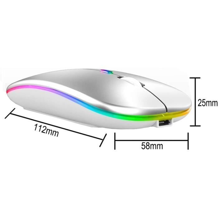 Ratón inalámbrico recargable - Bluetooth - Plateado - 3 niveles de DPI - Silencioso - Luces de colores