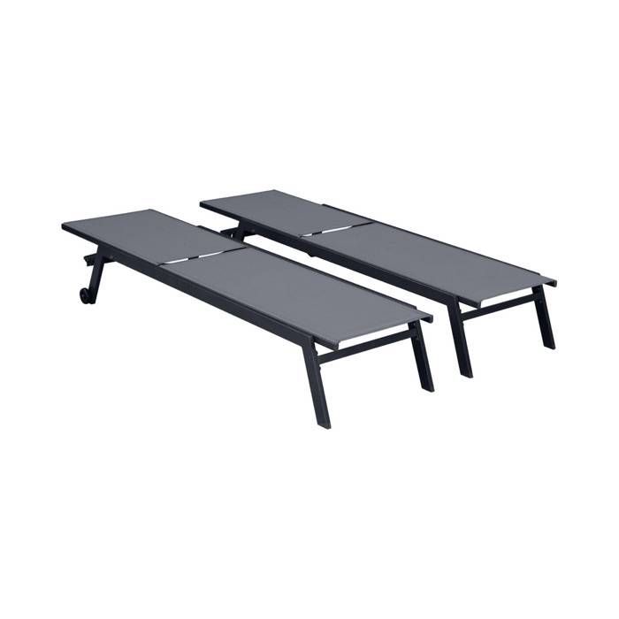 Lot de 2 bains de soleil ELSA en aluminium gris anthracite et textilène gris taupe. transats multi positions avec roulettes