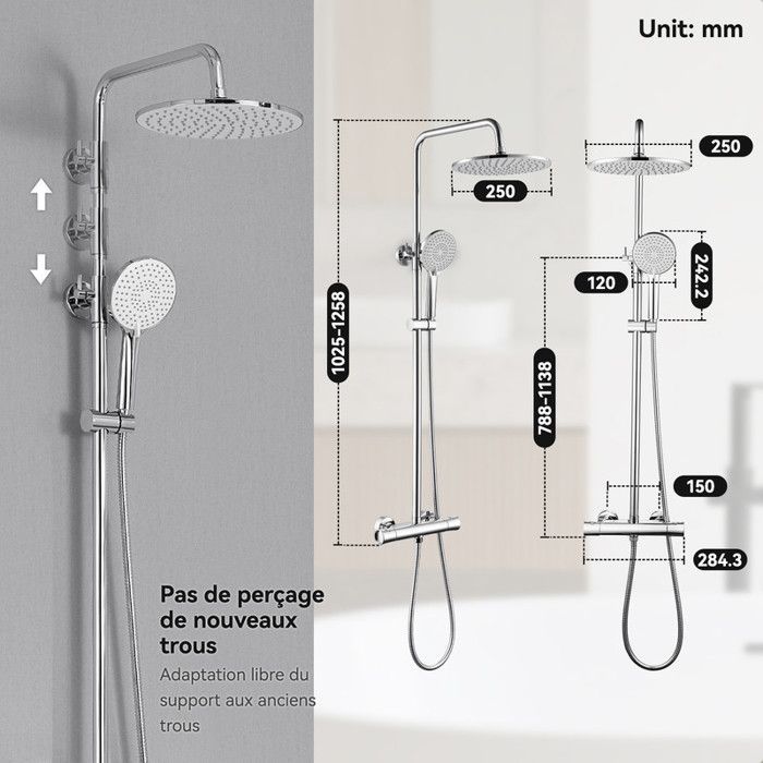 Columna de ducha termostática - AURALUM MAX - Acero inoxidable - Acabado cromado - 3 modos de ducha - Altura regulable de 102 a 125 cm