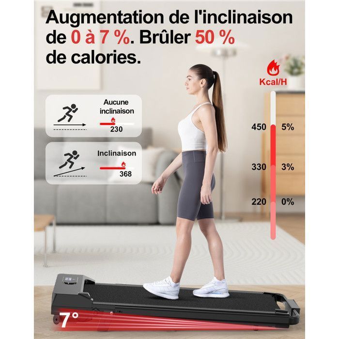 Inclinaison 0-7° - Tapis de course Pliant BIGZZIA, tapis de march silencieux 2.5 HP - 1-8 km/h,Charge max 130kg, Walking Pad Rose