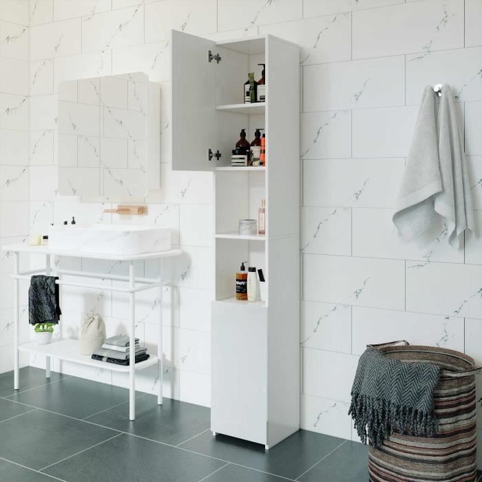 Mondeer Meuble de Rangement Colonne Armoire de Salle de Bain Haute Mince avec 2 Portes Brillantes 6 Compartiments Réglable Blanc