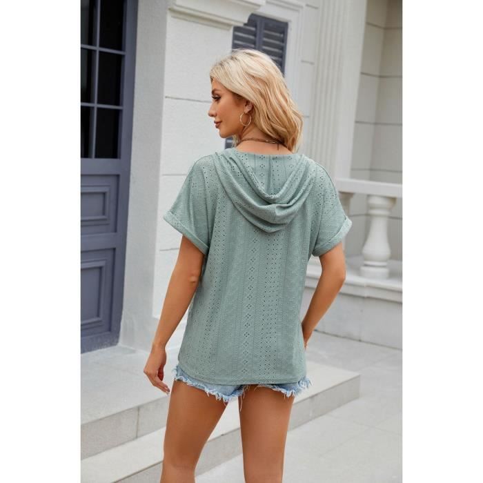 T-shirt da donna a maniche corte con cappuccio e bottoni, vestibilità ampia, comoda maglietta estiva a tinta unita - Taglia UE - Verde