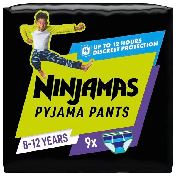 Pampers Ninjamas dječje pidžama hlačice za dječake 8-12 godina<br>Medicinski uređaj - veličina 8-12 godina, 9 dijelova