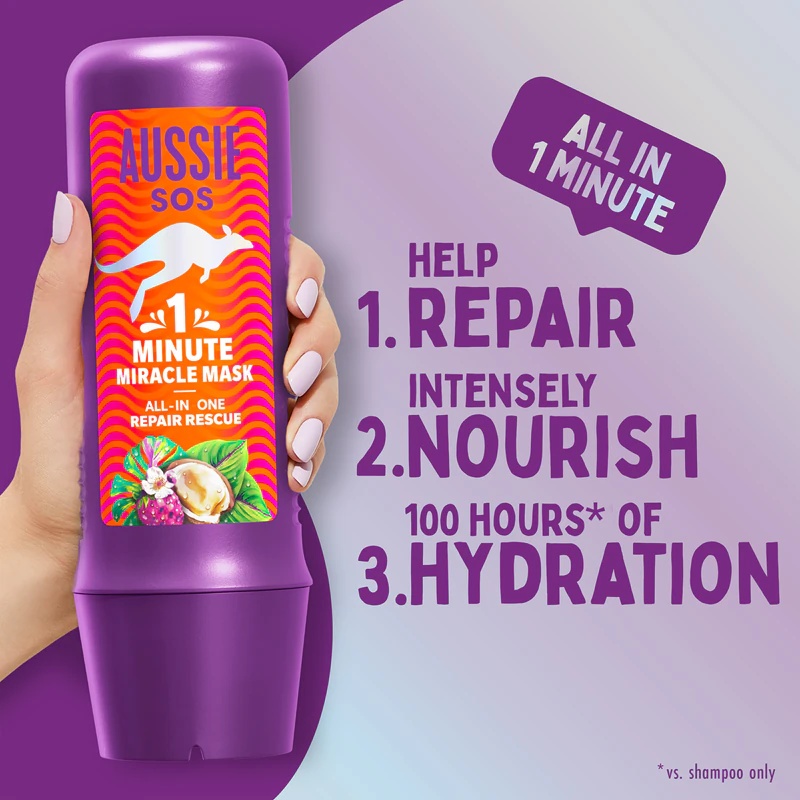 Aussie 1 Minute Miracle Repair Rescue intensīvi barojoša maska sausiem un bojātiem matiem