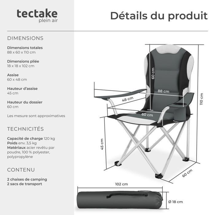 Sillas de camping - TECTAKE - Juego de 2 sillas plegables acolchadas con portavasos, 60 x 88 x 110 cm, funda de transporte - Gris
