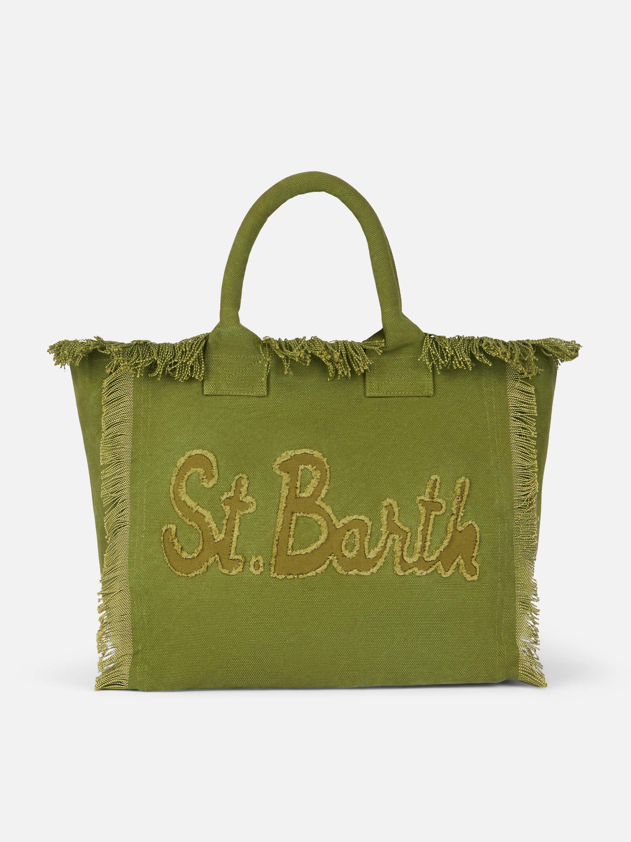 Vanity katoenen canvas draagtas met franjes | Militair groen | Saint Barth signature patch logo | Binnenvak met rits | MC2 Saint Barth