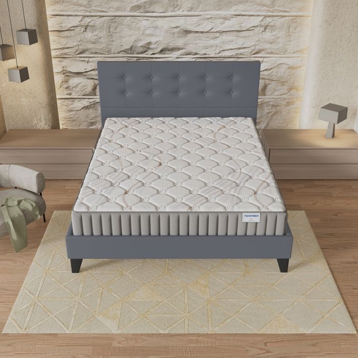 Colchón y cama (140x200cm) - Sirius 16cm Látex natural y espuma de alta densidad + Base de láminas estable y cabecero tapizado en gris