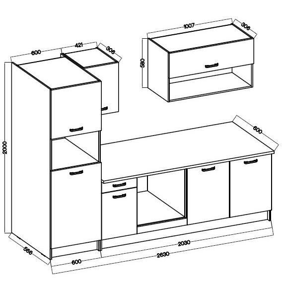 PREGO Complete Kitchen - 263 cm Wide - White and Oak Finish - 203 cm Worktop Included