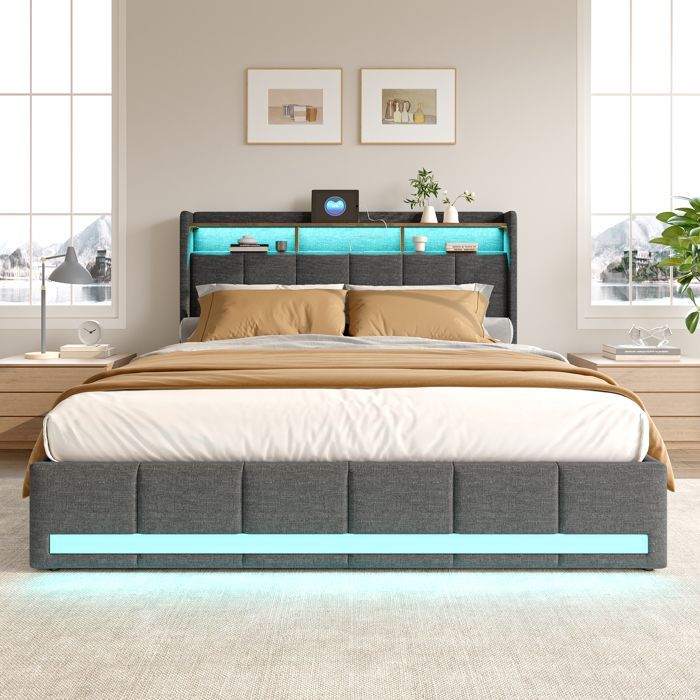 Lit coffre en lin gris 180x200 cm, lit double avec LED et port USB, lit adulte avec tiroir de rangement et sommier à lattes