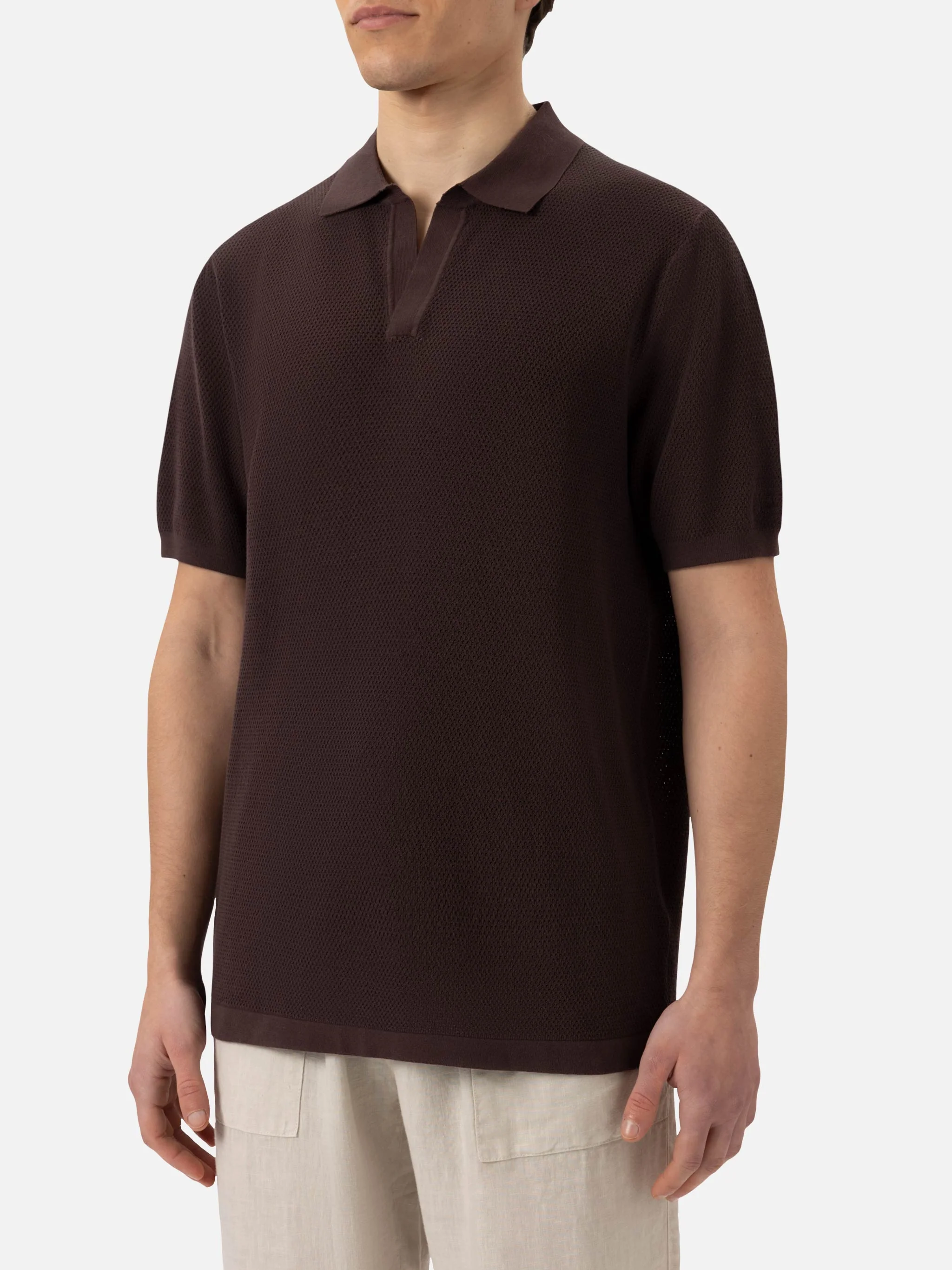 Sloan poloshirt zonder knoopjes in bruin mesh