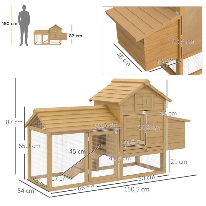 PawHut - Gallinero - Madera - 151x54x87cm - Beige