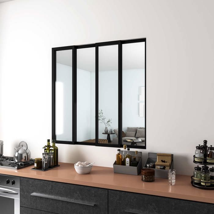 Verrière Atelier Coulissante en Alu Noir -  L123xH108cm- 4 Panneaux en 4mm Verre Trempé-  Séparation Élégante Cuisine / Salon