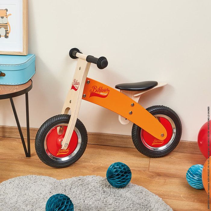 Janod Little Bikloon Wooden Balance Bike - Orange - Ages 2+ - Inflatable Tires - Adjustable Seat