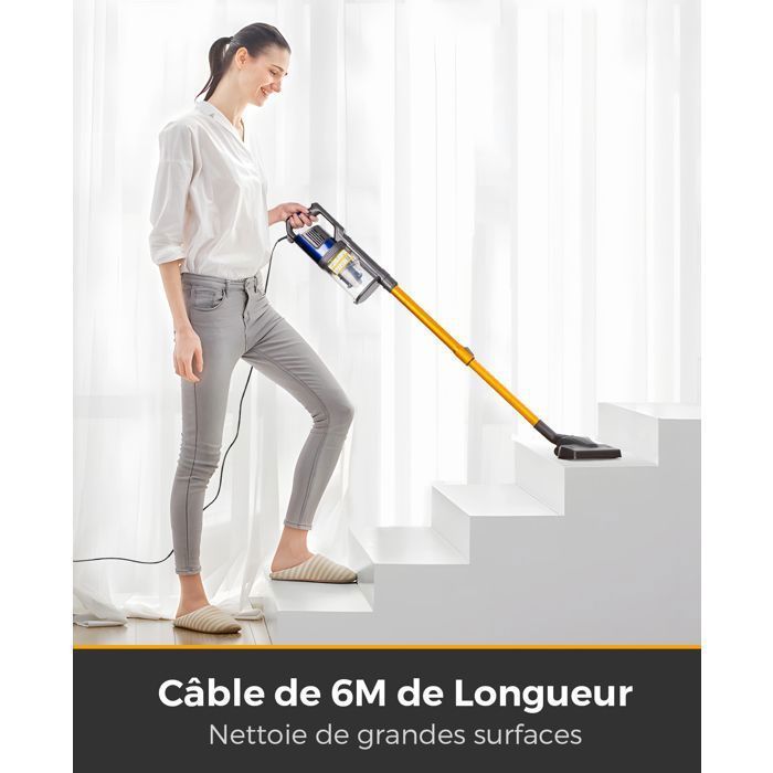 VACTechPro 32KPa/680W/6M Aspirateur,Aspirateur Balai avec Dépoussiéreur 800ML,Aspirateur Balai avec Fil avec Design à Double
