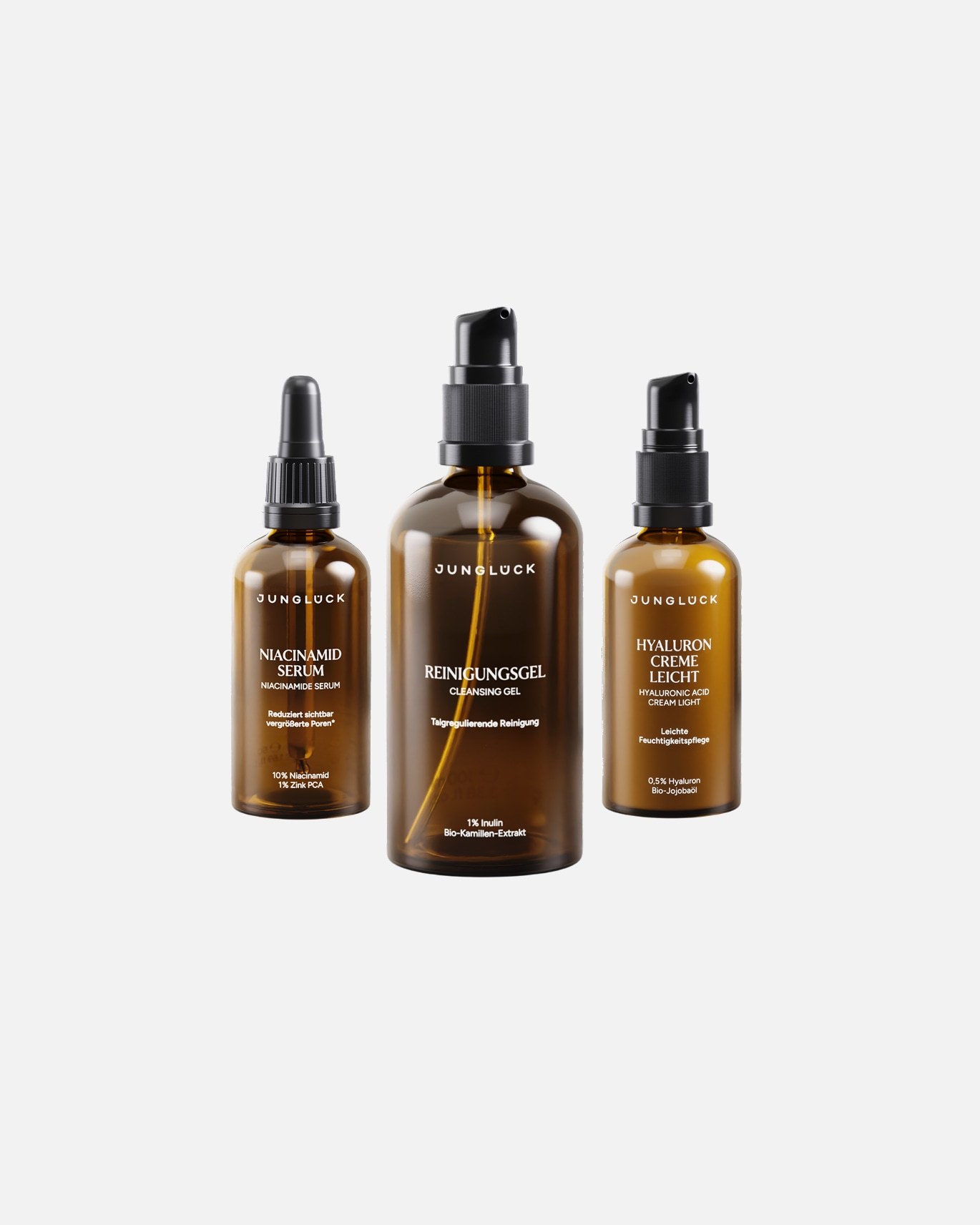 Juniglück set za njegu lica s gelom za čišćenje, serumom s niacinamidom i kremom s hijaluronskom kiselinom (lagani set) – 180 ml