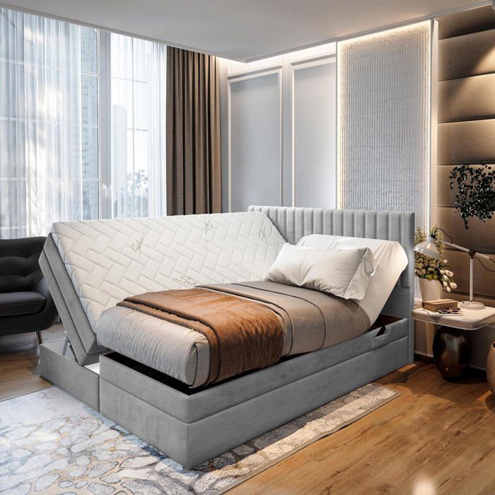 Letto matrimoniale ADÈLE - materasso e base elettrica regolabile - 140x200 cm - velluto grigio chiaro