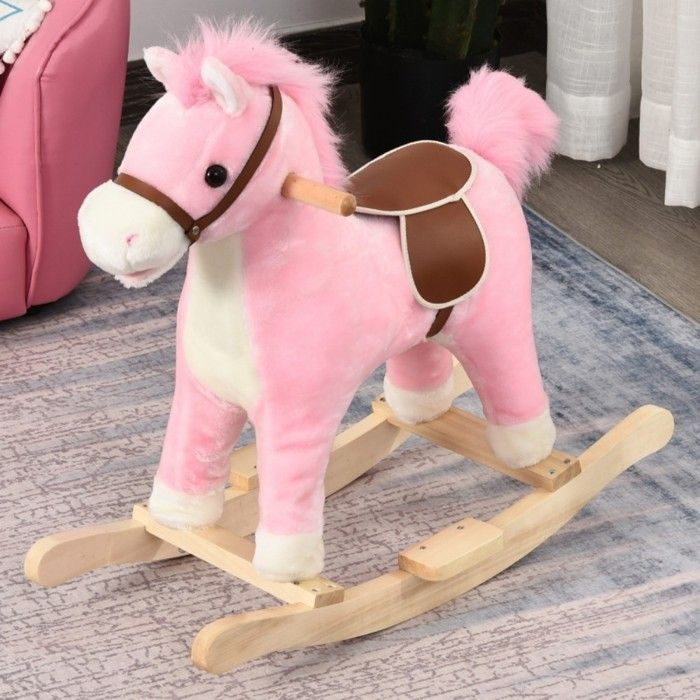 Pink Plush Rocking Horse Toy, 65x32.5x61cm - Animal Sounds - For Children 36-72 Months