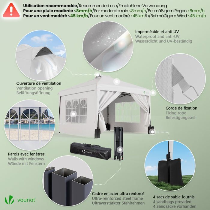 VOUNOT® Tonnelle de jardin 3x3m pliable installation facile POP UP avec portes et fenêtres - Imperméable et anti-UV - Blanc