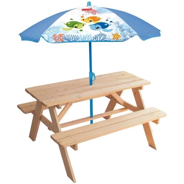 Muebles de jardín - FUN HOUSE - Mesa de picnic de madera Ma Petite Carapace (53 x 95 x 100 cm) con sombrilla de tortuga (125 x 100 cm).