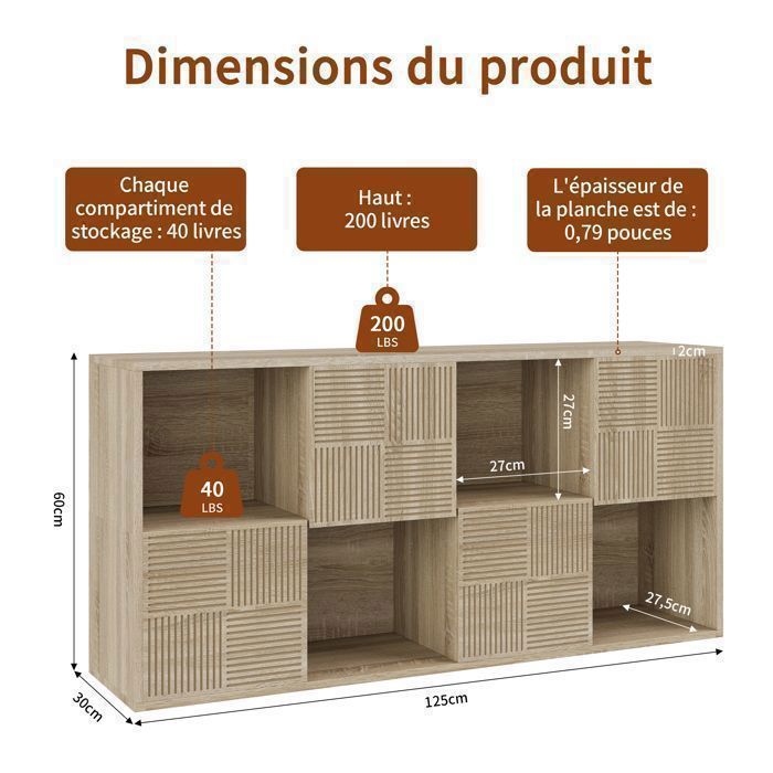 Librería modular de 8 cubos con 4 puertas, estante de 4 niveles, mueble de almacenamiento para salón, dormitorio u oficina, 125x30x60 cm, madera clara.