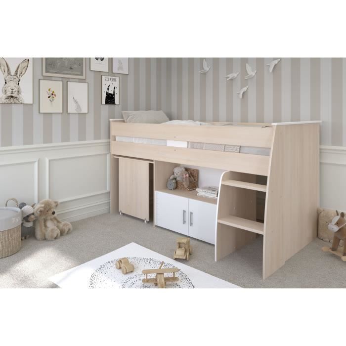 Cama infantil combinada Parisot ZOLA de 90x200 cm - 2 puertas - Con escritorio - Acabado en madera de acacia clara y blanco