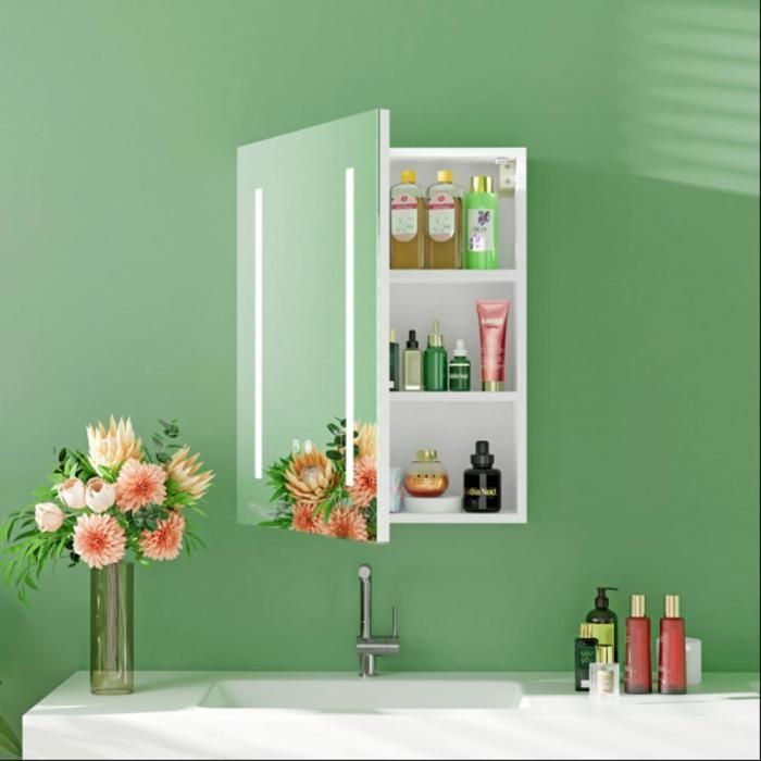 MIPAN. Armario con espejo para baño - Con almacenamiento + espejo + LED - Blanco. Armario de baño de pared - 80 x 60 x 15 cm