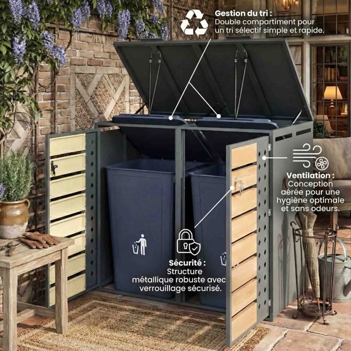 Cache-Poubelle Double 132×80×118.5cm - Couvercle Hydraulique - Design Losange & Verrouillable - Acier Galvanisé Aspect Bois