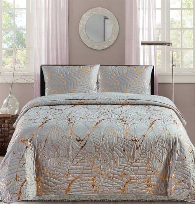 Quilted Bedspread - Christelle - 220 x 240 cm - Light Grey Gold - 2 Pillowcases - Plain