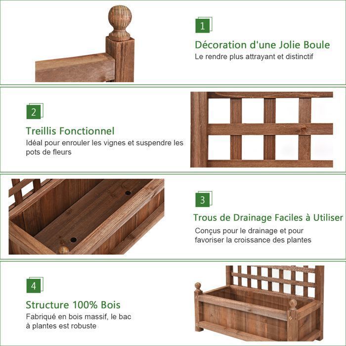 Jardinière avec Treillis - RELAX4LIFE- en Bois de Sapin - Bac à Fleurs - Trous de Drainage - Résistant aux Intempéries -64X28X120CM