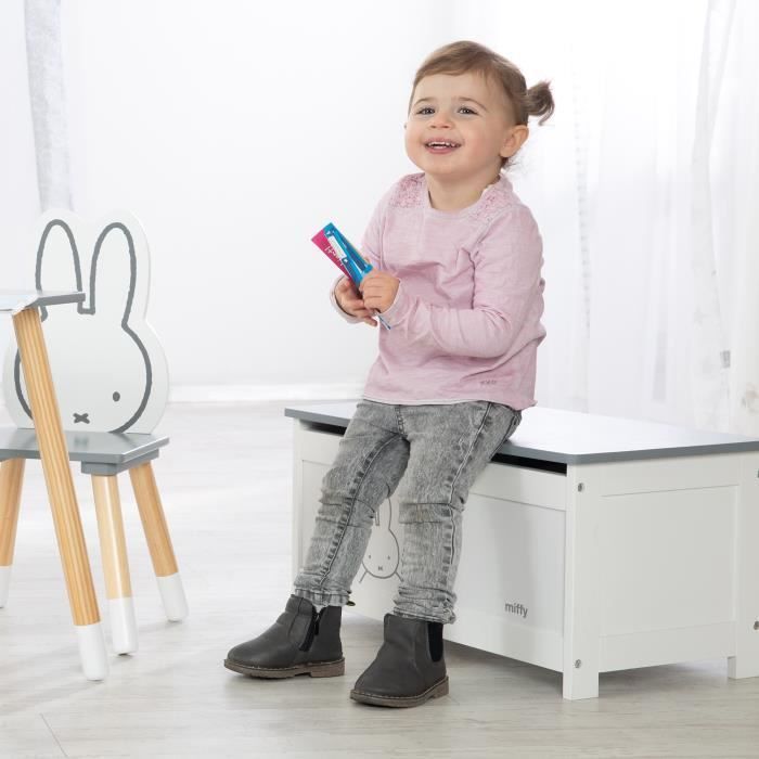 Coffre à Jouets miffy® pour Enfant - Meuble de Rangement en Bois 2 en 1 - Blanc / Motif Lapin Gris - ROBA