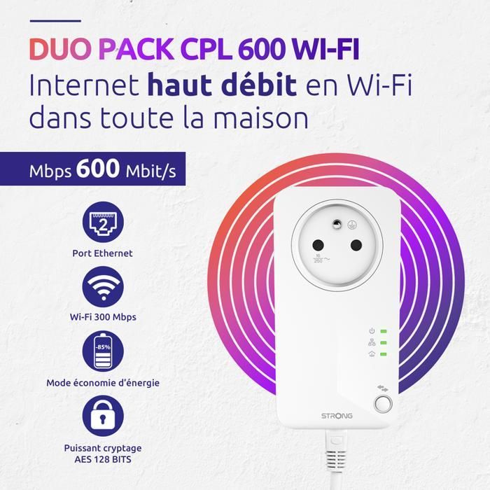 STRONG -  Kit CPL 600 Mbps/Wifi 300 Mbps - Toute Box/Routeur - Fast Ethernet + Prise Filtrée - Plug & Play - Haut débit - Streaming