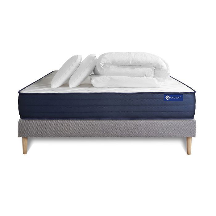 Juego de cama completo de 180x200 cm - Colchón + Base de cama gris (requiere montaje) + 2 almohadas + Edredón - Actimemo Lif