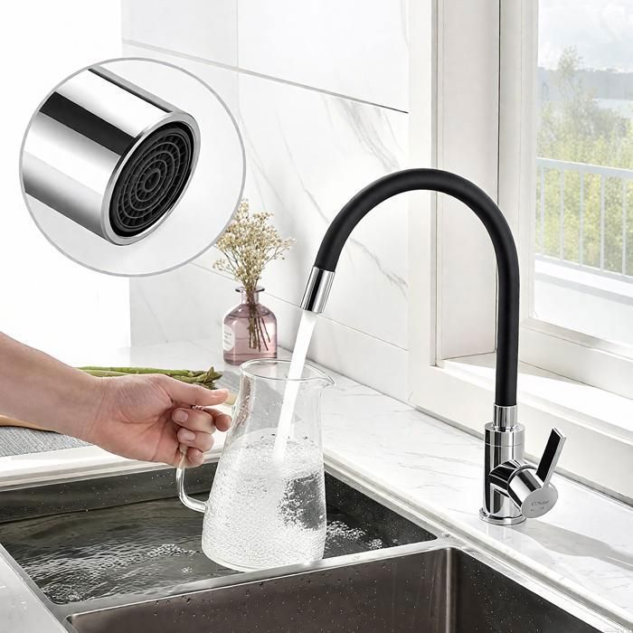 Mitigeur de Cuisine Évier Bicolore Chrome/Noir - Bec Flexible, Rotatif 360°, Robinet Multifonctionnel