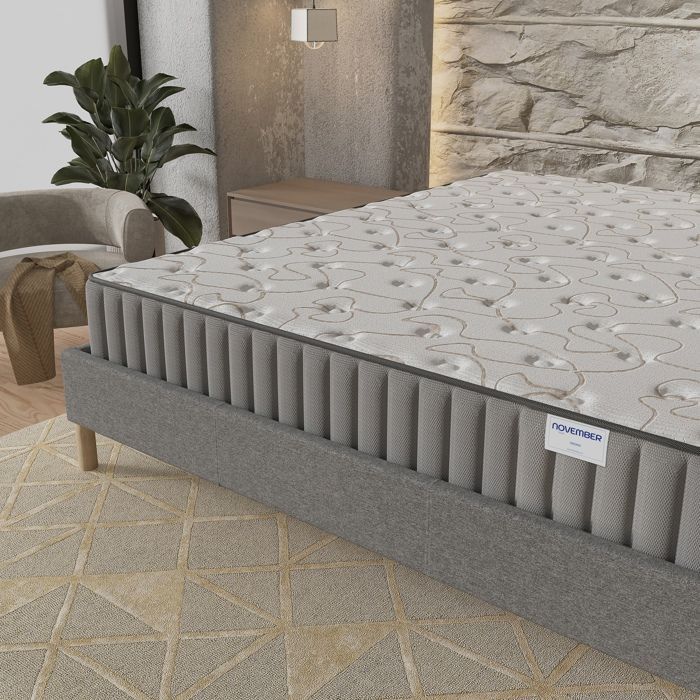 Matras + Bedbodem (120 x 190 cm) - Orionis traagschuimmatras 22 cm + stabiele houten bedbodem, grijze stoffen hoes