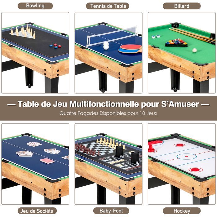 Mesa multijuegos COSTWAY 10 en 1: futbolín, ping-pong, billar y hockey para niños. Medidas: 103 x 58 x 68 cm. Madera. Accesorios completos. Para mayores de 8 años.
