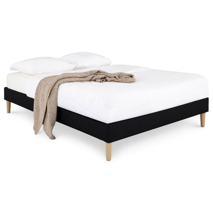 Base de cama tapizada BREST de 160 x 200 cm, estructura de madera y revestimiento de tela negra, estructura de cama con patas.