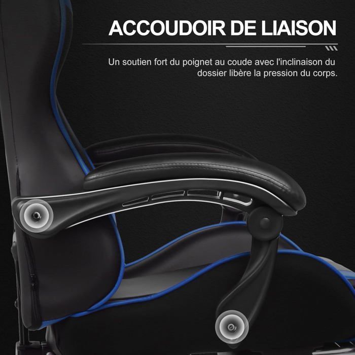 Chaise Gaming Repose Pieds Coussin Lombaire de Massage Fauteuil de Bureau Ergonomique avec Accoudoir Synchronisé (Bleu)