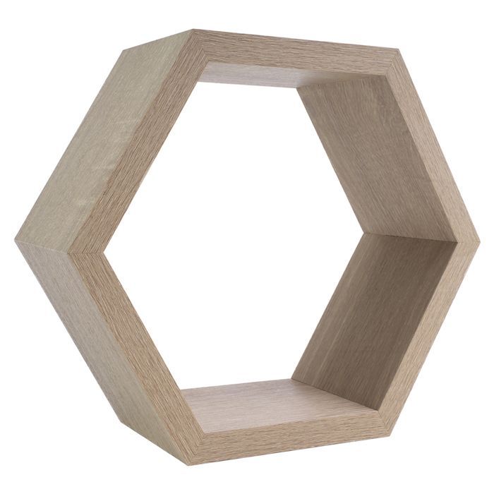 Estantería de pared hexagonal Domax de roble: estante de pared hexagonal decorativo con aspecto de roble certificado FSC®.