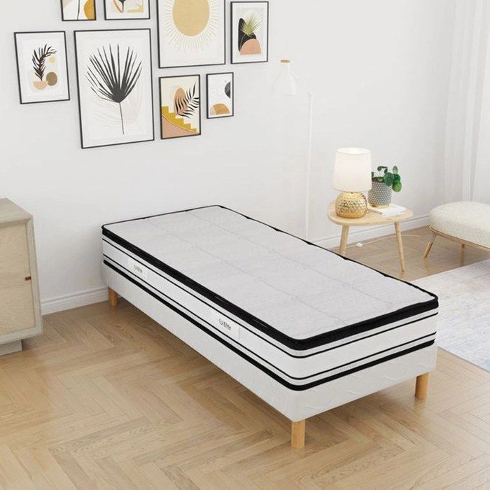 Set GRAND COMFORT: base letto + materasso 120x190 cm, altezza 22 cm, ventilazione ottimizzata, comfort rigido, 4 gambe incluse.