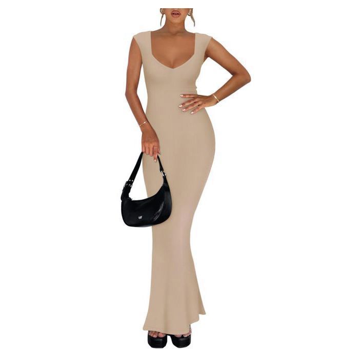 REORIA Robe Maxi Côtelée Beige XS — Décolleté Carré, Maternité & Allaitement, Coupe Ajustée Sirène