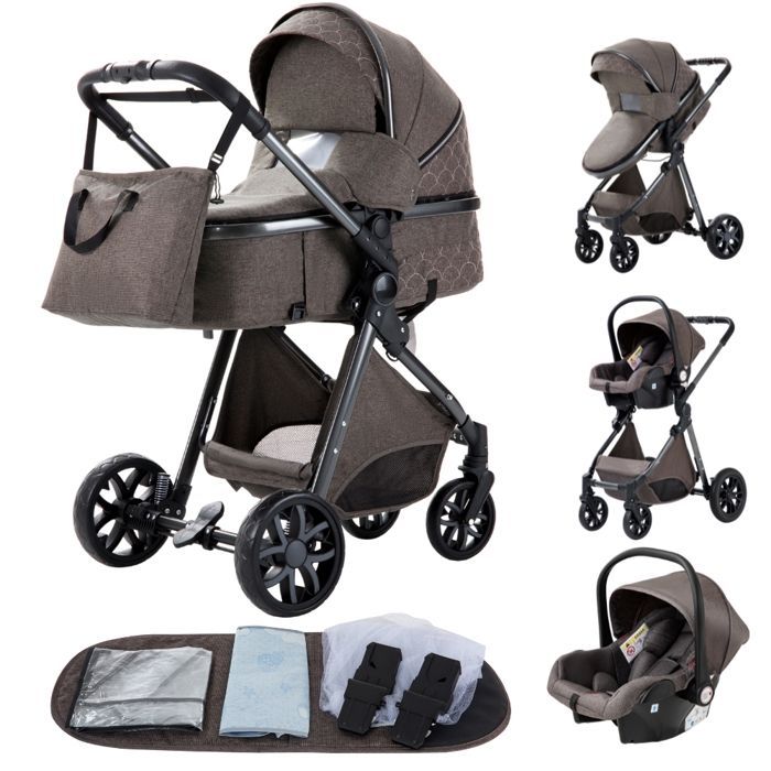 Sistema di viaggio/passeggino 3 in 1 ALYIKOU per bambini da 0 a 3 anni - LV9 - Seggiolino auto - Posizione reclinabile - Marsupio - Cioccolato