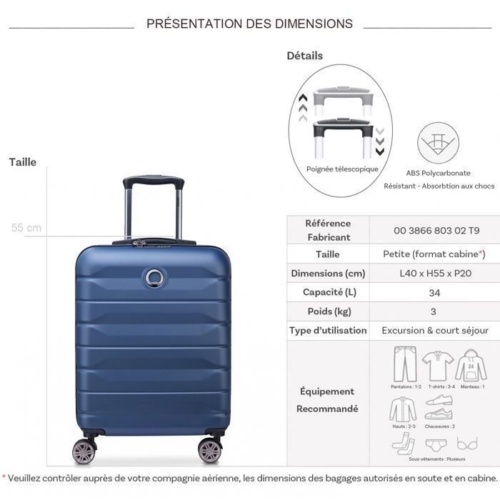 DELSEY PARIS - AIR ARMOUR  - Valise cabine rigide 55 cm x 40 cm x 20 cm - 35 L - S - Bleu nuit