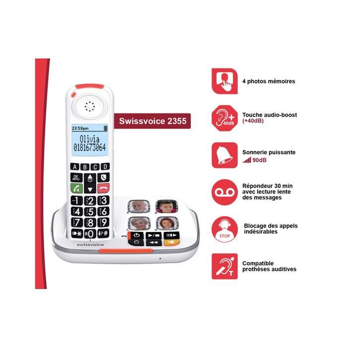 Telefono fisso pensato per gli anziani - SWISSVOICE - Xtra 2355 - Segreteria telefonica da 30 minuti - Suoneria da 90 dB - Vivavoce