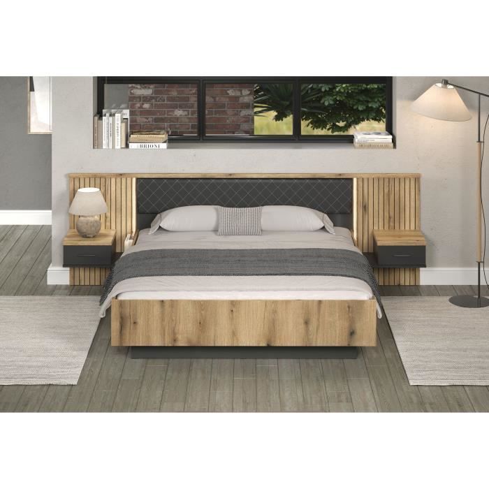 Lit avec chevets et éclairage indirect - ESTEBAN - 180 x 200 cm - Chêne blond / Anthracite - TRENDTEAM