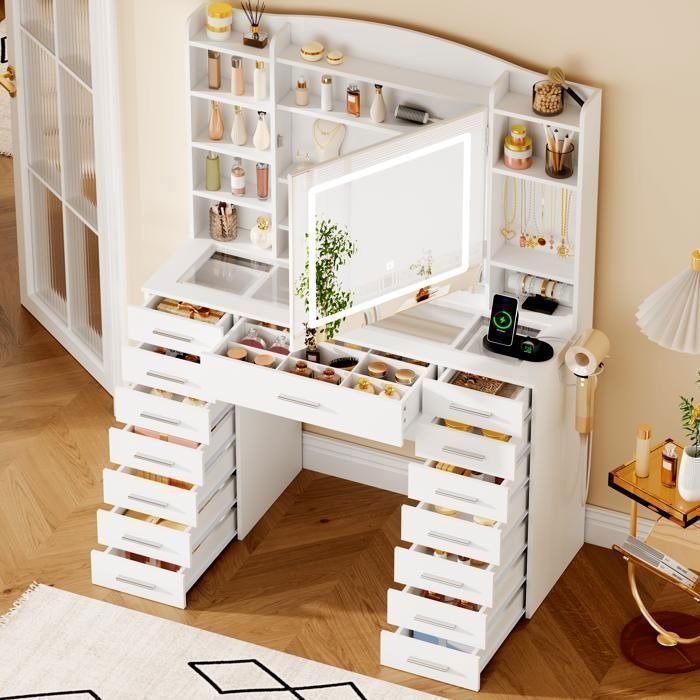 Coiffeuse Grande avec Miroir , LED Réglable, Prise et Port USB, 15 Tiroirs, 105X40X140cm，Blanc