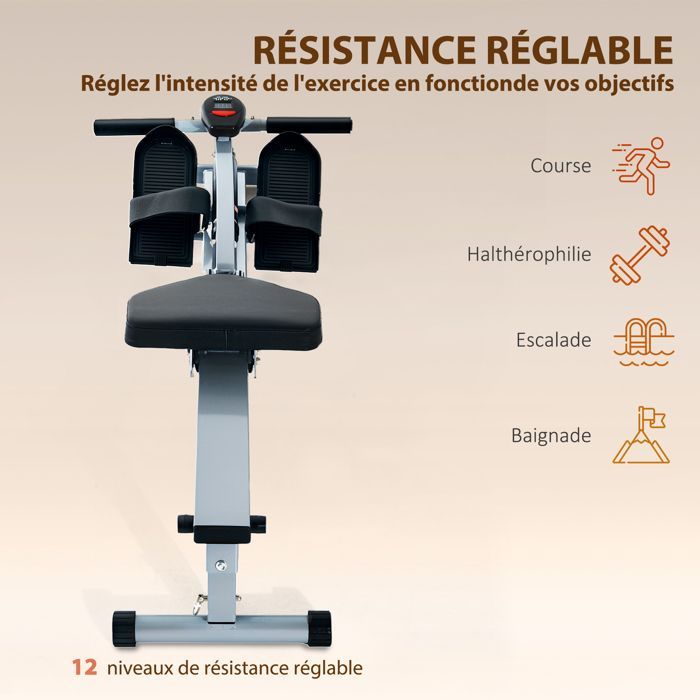 Máquina de remo hidráulica - HOMCOM - 12 niveles de resistencia, pantalla LCD, pedales antideslizantes, para gimnasio en casa - Acero - Negro
