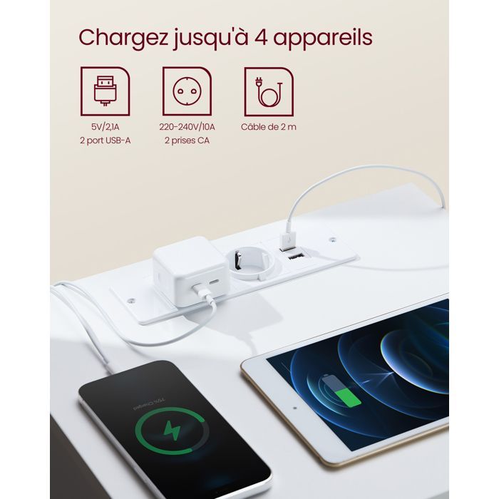 VASAGLE Lot de 2 Table de Chevet avec Multiprise, Table d'Appoint, 2 Tiroirs, 2 Prises CA, 2 Ports USB-A, Moderne, Jaune Amande