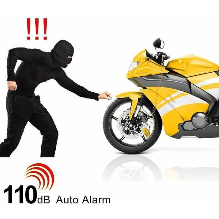 Candado para motocicleta con alarma - PZCC - 110 dB - 2 llaves - Cable de seguridad de 1,5 m - Bolsa de transporte - Amarillo