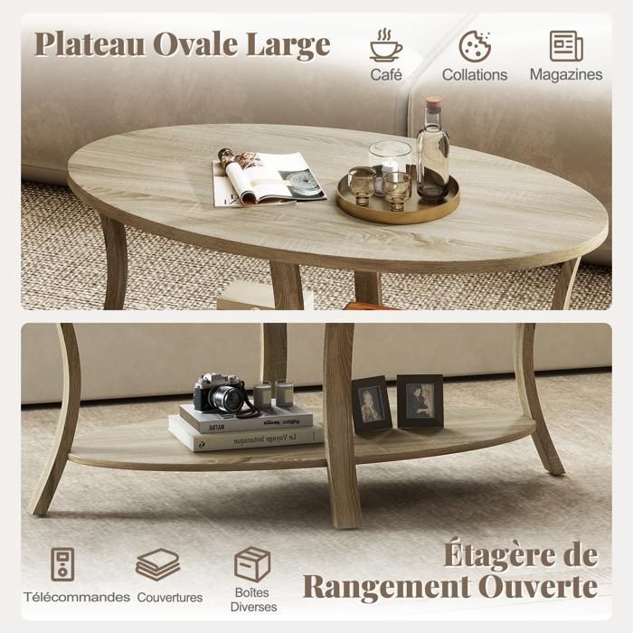 Mesa de centro ovalada COSTWAY con 2 niveles, mesa de centro de madera de caucho, estante de almacenamiento, mesa de centro para sala de estar, capacidad de carga 160 kg, natural
